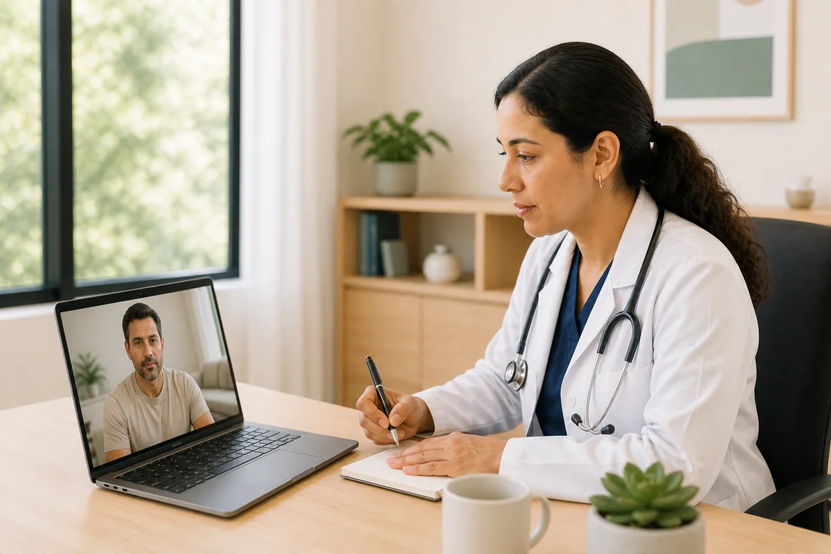 Médica atendiendo una videoconsulta